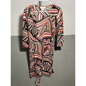 LOFT Ann Taylor Women's Size 2 Geometric Wrap Dress Red Black Brown White Tie